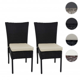 2x Chaise en poly rotin HWC-G19, chaise de balcon chaise de jardin, empilable - gris, coussins gris foncé