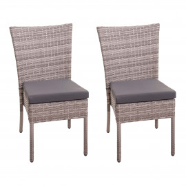 2x Chaise en poly rotin HWC-G19, chaise de balcon chaise de jardin, empilable - gris, coussins gris foncé