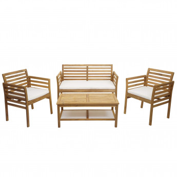 Ensemble de jardin HWC-E99b, groupe de sièges pour balcon, bois d'acacia massif - coussins crème