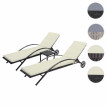 2x Chaises longues HWC-E27 en polyrotin - noir, coussins crème-beige