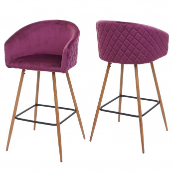 2x tabouret de bar HWC-D72, chaise bar/comptoir, avec dossier, tissu - velours, couleur rouge-bordeaux