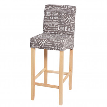 Tabouret de bar HWC-C33, tabouret de comptoir, bois - écriture, gris, pieds clairs, tissu/textile