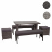 Garniture en polyrotin HWC-G16, jardin, gastronomie, 2x banc, table, 2x tabouret - gris, coussin gris foncé