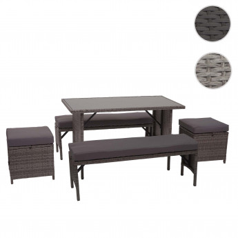 Garniture en polyrotin HWC-G16, jardin, gastronomie, 2x banc, table, 2x tabouret - gris, coussin gris foncé