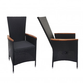2x fauteuil en polyrotin HWC-F48, jardin, dossier réglable, bois d'acacia - anthracite, coussin gris foncé