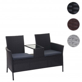 Banc avec table en polyrotin HWC-E24, banquette de jardin, meuble de jardin 132cm - gris, coussin crème