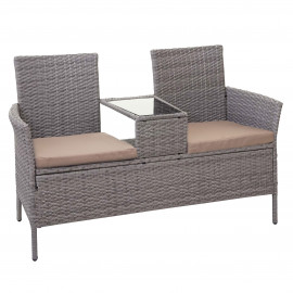 Banc avec table en polyrotin HWC-E24, banquette de jardin, meuble de jardin 132cm - gris, coussin crème