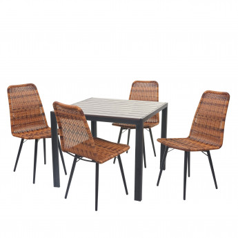 Garniture de jardin HWC-E90, plateau de table en WPC, 4x chaise en polyrotin 76x90x90cm - marron