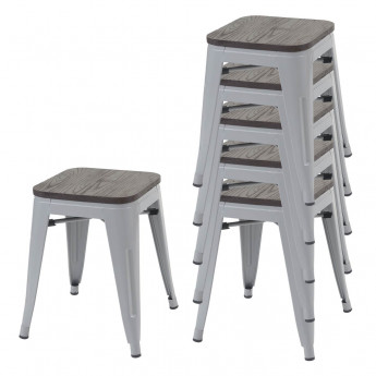 6x Tabouret HWC-A73, avec siège en bois, métal, style industriel, empilable&nbsp; - gris