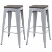 2x tabouret de bar HWC-A73 avec siège en bois, chaise de comptoir, métal, design industriel, empilable - gris