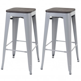 2x tabouret de bar HWC-A73 avec siège en bois, chaise de comptoir, métal, design industriel, empilable - gris