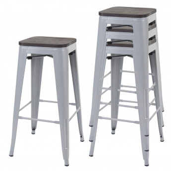 4x tabouret de bar HWC-A73 avec siège en bois, chaise de comptoir, métal, design industriel, empilable - gris