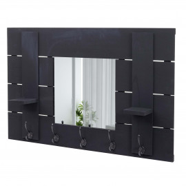 Garderobe murale HWC-C89 avec miroir, planche vestiaire, shabby, vintage, 5 crochets 90x60cm - gris foncé