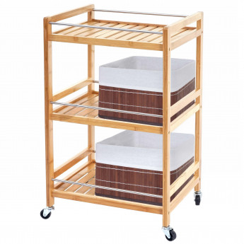 Chariot roulant HWC-D91, étagère à roulettes, 3 niveaux + 2x panier de rangement HWC-C21, bambou