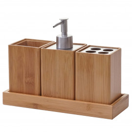Set de salle de bains, 4 pièces HWC-B85, accessoires de bain, distributeur de savon, bambou