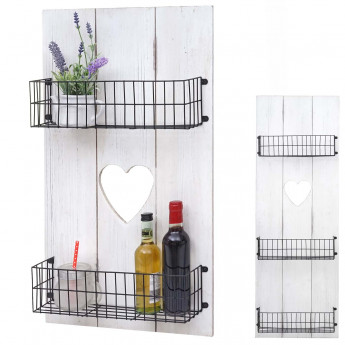 Étagère murale HWC-D42, panneau mural, étagère avec petits paniers, blanc, shabby, bois massif - 120x40x10cm