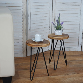 2x table d'appoint HWC-A80, table de nuit, design industriel, bois véritable, Ø35cm