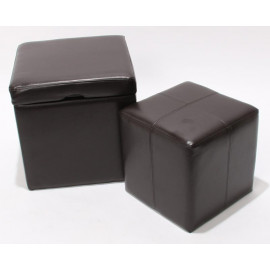 Lot de 2 tabourets Onex, pouf + cube-coffre, cuir, marron