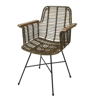 Chaise de salle à manger HWC-M29, Chaise de cuisine en osier Chaise en rotin Chaise avec accoudoirs, Kubu rotin bois métal