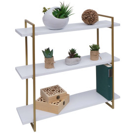 Etagère murale HWC-K78 - étagère suspendue - 3 étagères en métal massif-bois industriel 60x60x18cm - blanc - métal doré