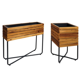 Lot de 2 bacs à fleurs HWC-L25 - bac à fleurs - rectangulaire carré Outdoor acier acacia bois certifié MVG - brun