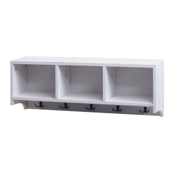 Étagère murale HWC-K49 - portemanteau mural Étagère - 3 compartiments de rangement 5 crochets 30x80x20cm bois - blanc - shabby