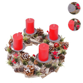 Couronne de l'Avent HWC-H50, décoration, arrangement de Noel, bois, rond Ø 33cm ~ avec 4 bougies rou