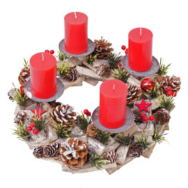 Couronne de l'Avent HWC-H50, décoration, arrangement de Noel, bois, rond Ø 33cm ~ avec 4 bougies rou